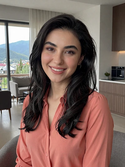Nigina, 27-year-old Tajik woman from Dushanbe with wavy black hair and joyful smile in modern apartment