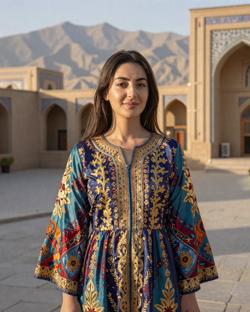 Beautiful Tajik woman in traditional colorful embroidered dress with mountain landscape background
