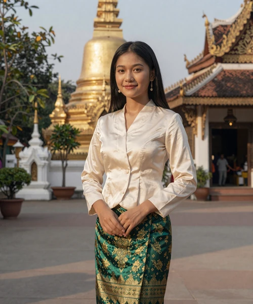 Beautiful Laotian woman in traditional Lao sinh near Buddhist temple representing Laotian mail order brides
