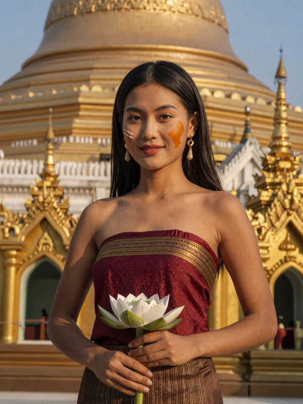 Beautiful Burmese woman in traditional Myanmar longyi dress at Shwedagon Pagoda in Yangon