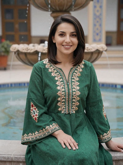 Madina, 29-year-old Tajik woman from Kulob in traditional embroidered dress with confident smile