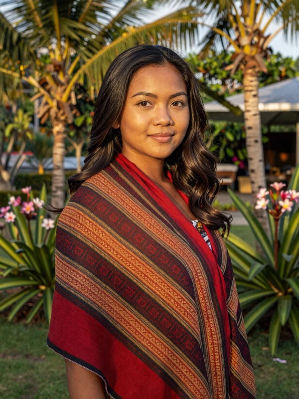 Timorese woman in traditional tais textile near tropical garden in East Timor