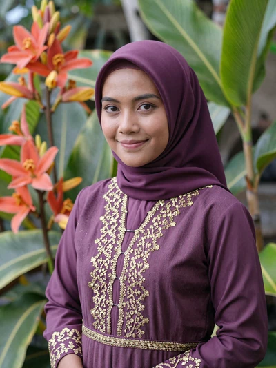 Aminah, 26-year-old Bruneian woman from Bandar Seri Begawan in traditional baju kurung representing Islamic modesty and Malay cultural values