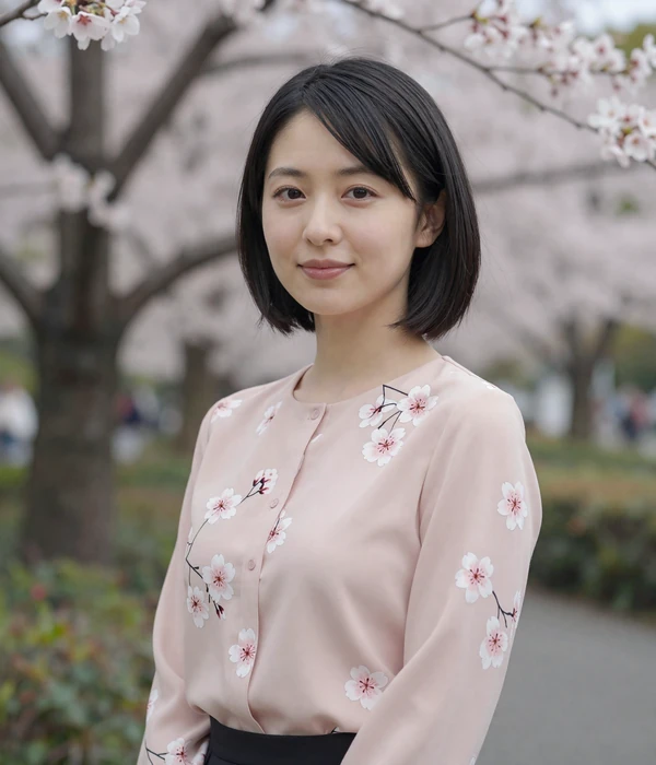 Elegant Japanese woman in modern Tokyo setting with traditional cherry blossoms, representing Japanese mail order brides