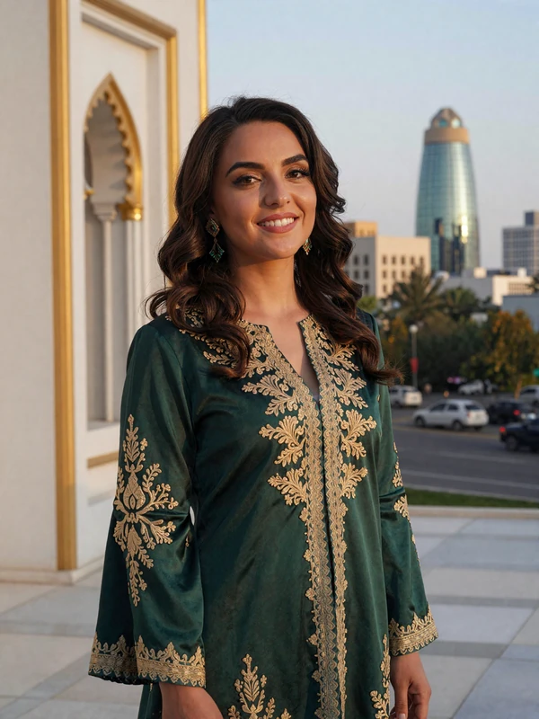 Beautiful Turkmen woman in traditional embroidered silk dress with Ashgabat architecture background