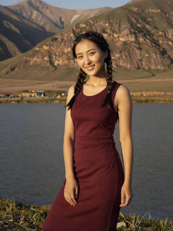Beautiful Kyrgyz woman in traditional setting with mountain landscape