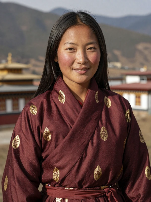 Sonam, 28-year-old Bhutanese woman from Thimphu wearing traditional kira dress with mountain backdrop