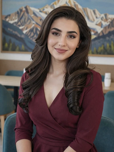 Zarina, 26-year-old Tajik woman from Dushanbe with long dark hair and warm smile in modern cafe setting