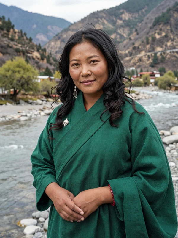 Choden, 30-year-old Bhutanese healthcare worker from Punakha in emerald traditional dress
