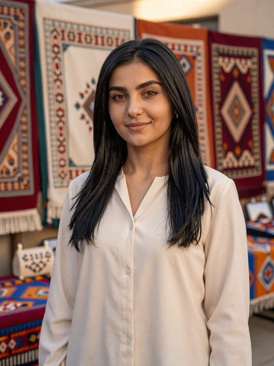 Dilshoda, 24-year-old petite Tajik woman from Khujand with straight black hair in traditional market setting