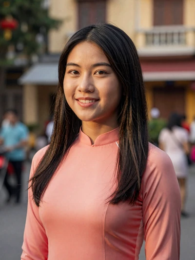 Linh, 24-year-old Vietnamese woman from Hanoi wearing traditional ao dai with sweet smile