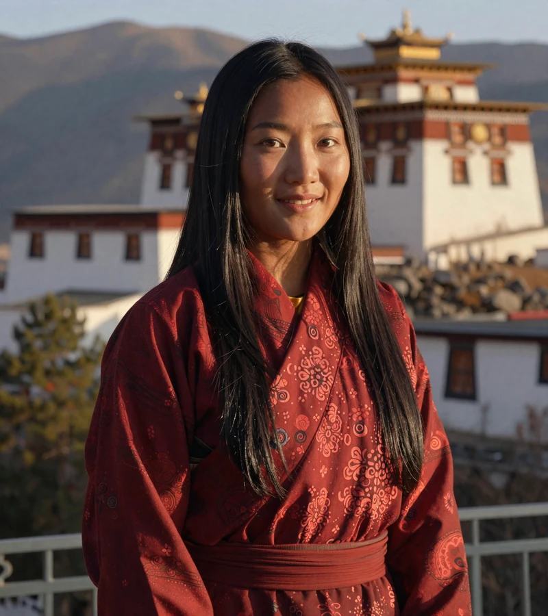 Elegant Bhutanese woman in traditional kira dress against Himalayan mountain backdrop representing Bhutanese bride culture