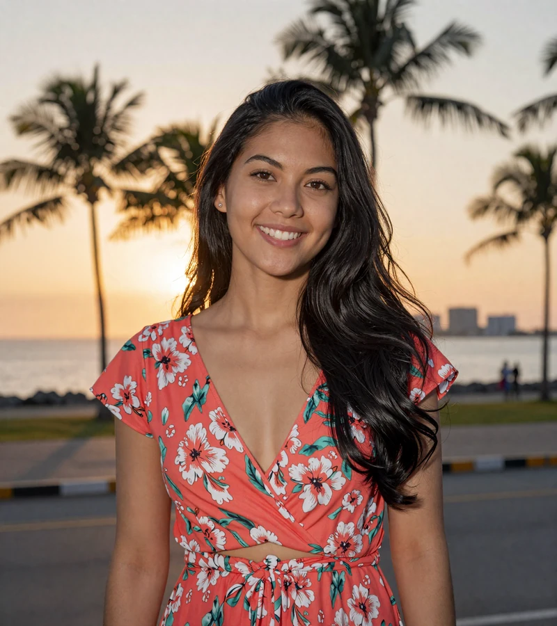 Beautiful Filipina woman Maria, 26, smiling warmly at sunset in Manila - representing Filipino mail order brides seeking American partners